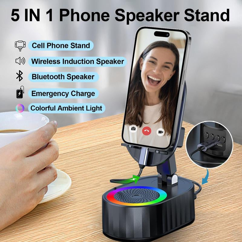 AKLLCCR 5-In-1 Wireless Bluetooth&Induction Audio Speaker and Cellphone Stand Emergency Charging (3000Mah) 5.3 HD Surround Subwoofer Sound Fits Smart Phones,Tablets,Power Banks