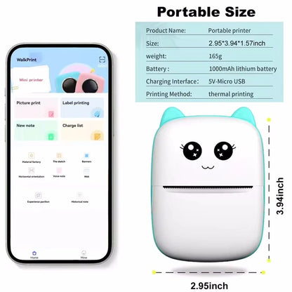 Mini Cat Thermal Printer – Portable 58mm Bluetooth Pocket Printer for Photos & Labels (iOS/Android)
