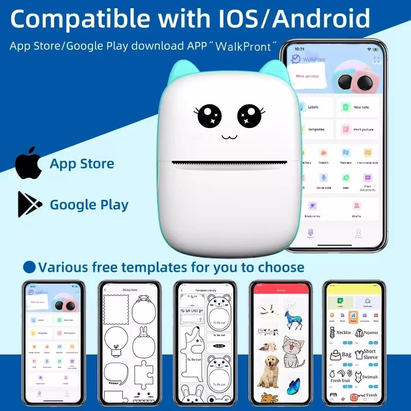Mini Cat Thermal Printer – Portable 58mm Bluetooth Pocket Printer for Photos & Labels (iOS/Android)